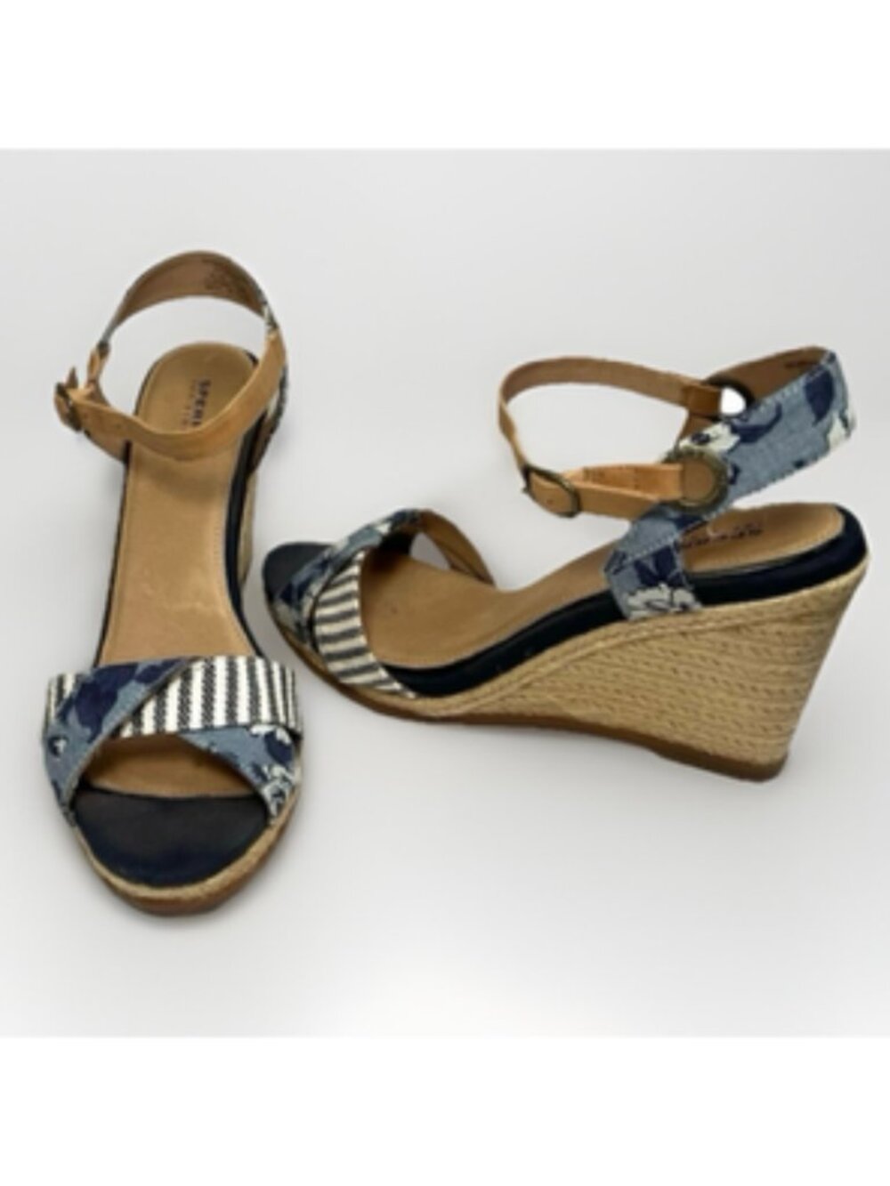 SPERRY Saylor Wedge Sandals Women’s Sz 10 Blue Leather Espadrille Jute Preppy
